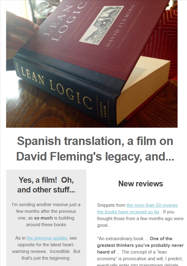 Screenshot from Aug 17 mailout about the reception for David Fleming's books, including the forthcoming film